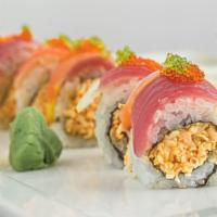 Two Sisters Roll · Spicy shrimp and crab. Topped with tuna, salmon and flying fish egg.

Consuming raw or under...