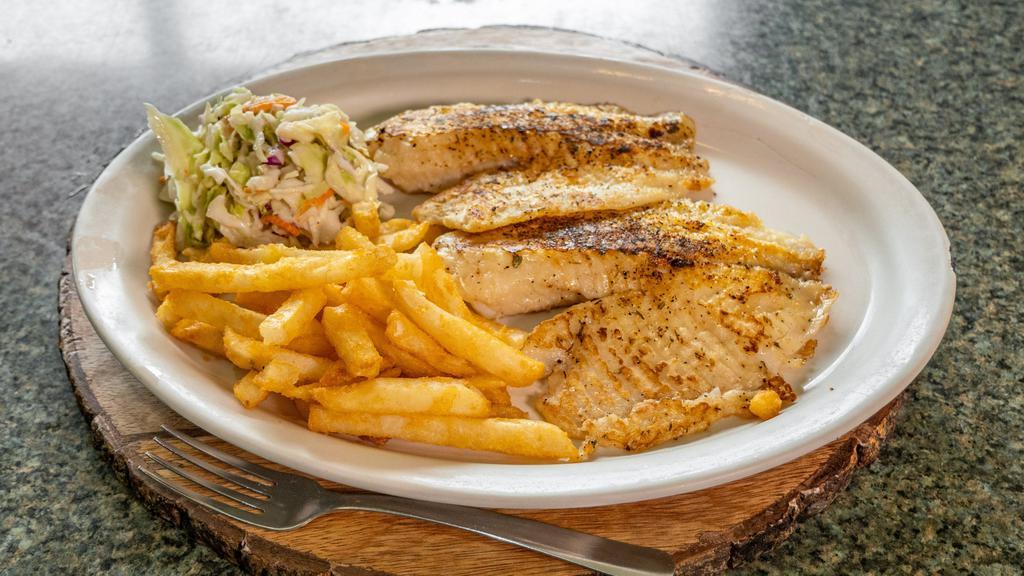 Tilapia Fillet · Grilled or breaded. Choice of two sides.