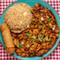 Kung Pao Chicken  · Diced chicken sautéed in sweet and spicy glaze served with  eggroll