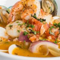 Cioppino Soup · New Zealand green-lipped mussels, clams, . George Bank scallops, salmon, jumbo shrimp, and v...