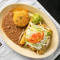 Flauta Plate · Choice of chicken, beef, or a mix served with lettuce, tomato, and sour cream. Comes with ri...