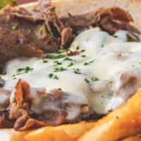 Philly Cheesesteak · Shaved sirloin steak, sautÃ©ed onions, green peppers, mushroom and melted cheese on a toaste...