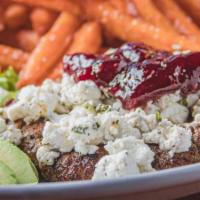 Turkey Burger · Seasoned turkey patty grilled and topped with basil blended goat cheese, raspberry preserves...