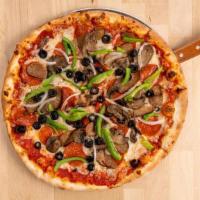 Goomba'S Supreme Pizza · Pepperoni, sausage, onions, mushrooms, bell peppers and black olive.