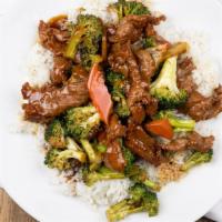 Beef & Broccoli · The plate comes with plain fried rice and egg roll.