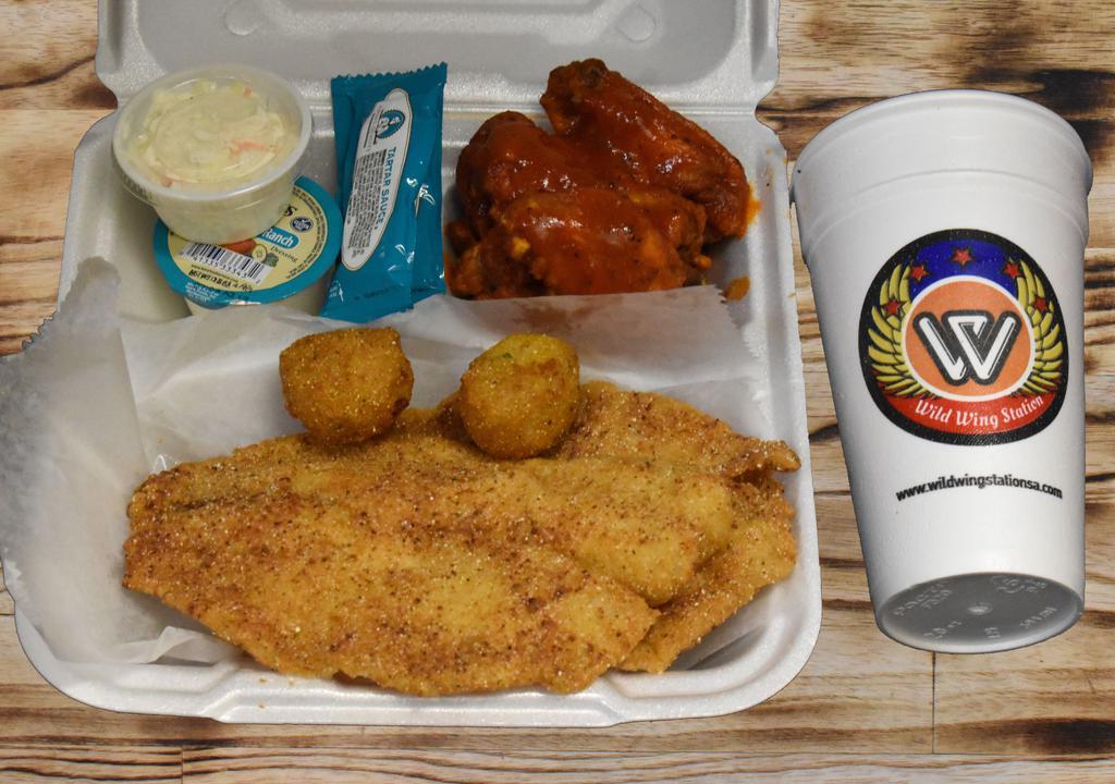 2 Pc Fish + 5 Wings And Drink · Served with coleslaw. Hush puppies, tartar sauce.