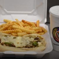 Philly + Fries And Drink · Served with onion, bell pepper, mushroom, mayo, cheese.