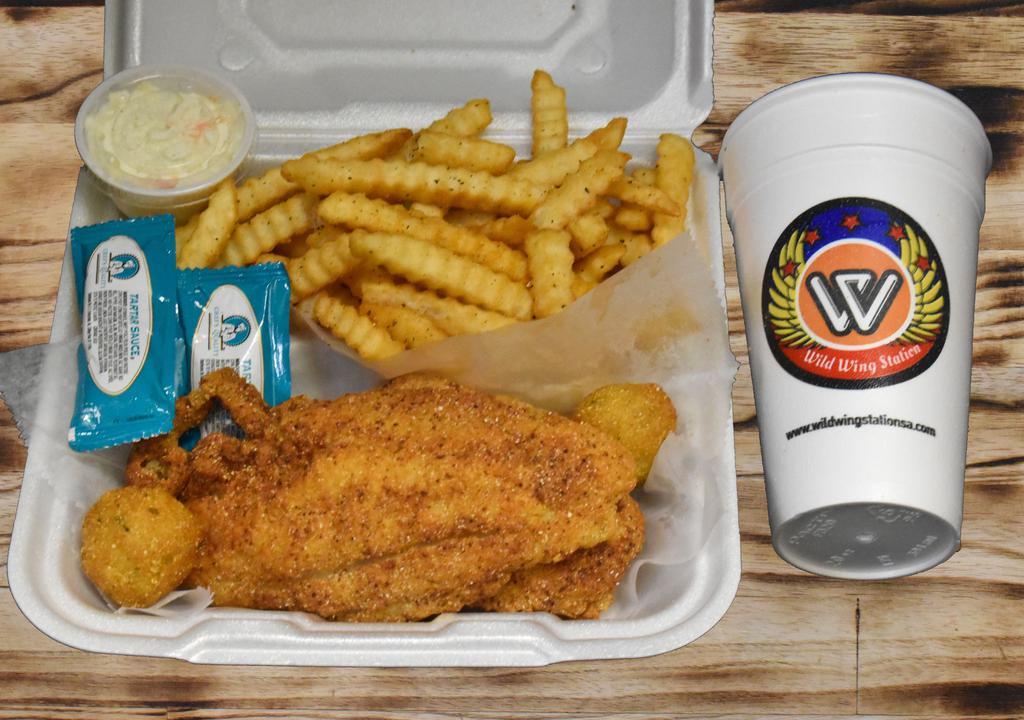 2 Pc Fish + Fries And Drink · Served with coleslaw. Hush puppies, tartar sauce.