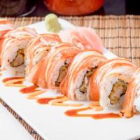 Shaggy Dog Roll (8) · Shrimp tempura, cucumber rolled and topped with crabmeat and special sauce.