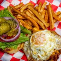 Bacon & Egg Burger · American cheese, hickory bacon, fried egg and mayo on a sourdough bun. Served with lettuce, ...