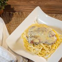 Chicken Cremora · Breaded chicken breast showered in our heavy homemade creamy sauce topped with melted mozzar...