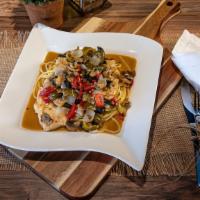 Chicken Zingara · Chicken breast sautéed with fresh onions, sherry peppers, mushrooms, basil and garlic served...