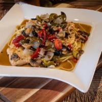 Veal Zingara · Spicy. Thin sliced veal sautéed with fresh mushrooms, onions, cherry peppers, fresh basil an...