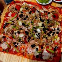 Deep Dish Supreme Pizza · Premium pepperoni, sausage, Canadian bacon, hamburger, mushrooms, black olives, onions and b...