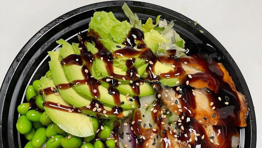 Unagi Poke  · Eel ,lettuce cucumber red onion edamame and avocado with eel sauce and sesame seed on top.