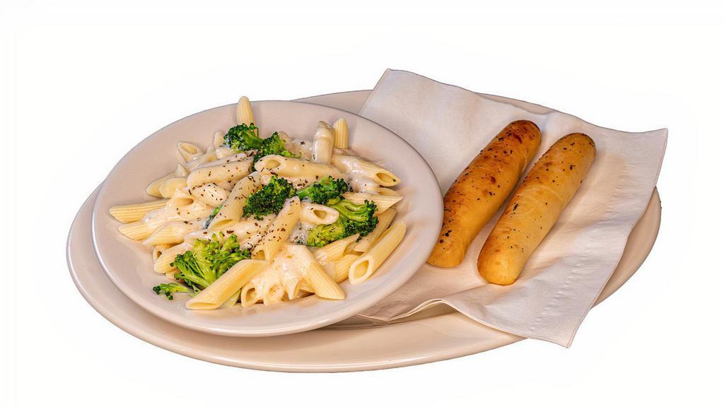 Broccoli Alredo Penne · Penne noodles with broccoli covered with alfredo. A la carte served with 2
