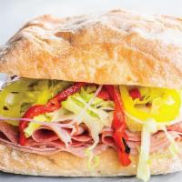 Italiano · On Ciabatta Bread with Ham, Mortadella, Salami, Pepperoni, Lettuce, Tomato, Onion, & Sweet I...