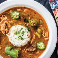 Chicken And Andouille Gumbo · Tender Pieces of Chicken and Andouille Sausage in a Flavorful Gumbo with Okra and White Rice