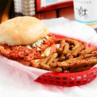 Highland Hills Chicken Sandwich · Fried chicken breast tossed in the hot sauce then topped with bleu cheese, lettuce, and toma...