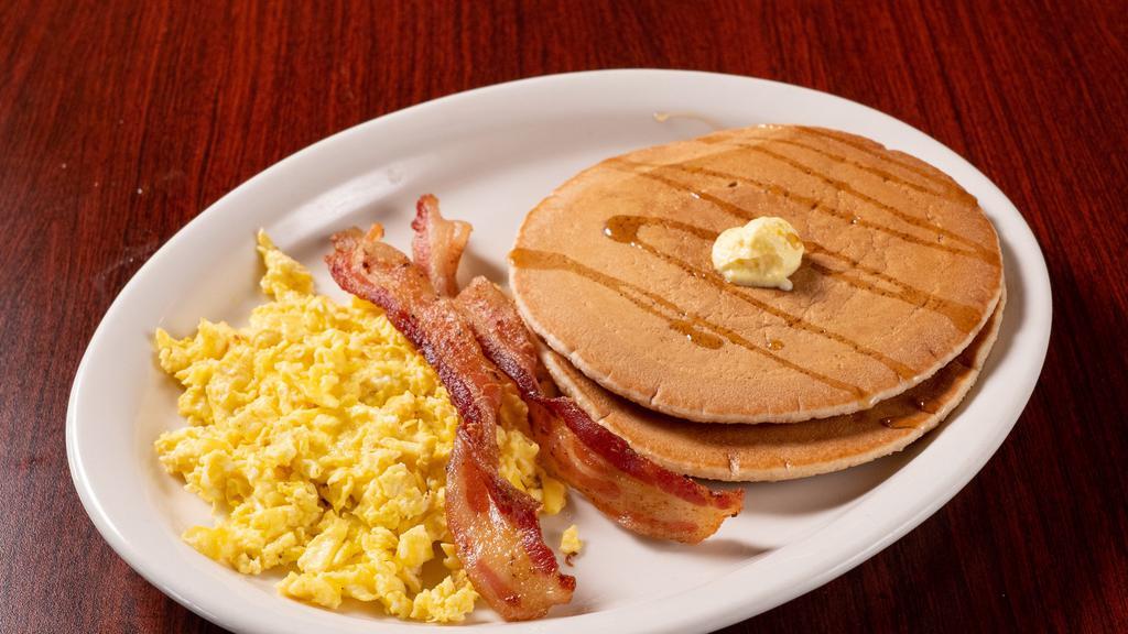 Pancake Plate · Two pancakes, two bacon, two eggs.