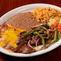 Mexico Lindo Plate · Two cheese enchiladas, covered with homemade enchilada sauce with a side of beef fajita.
