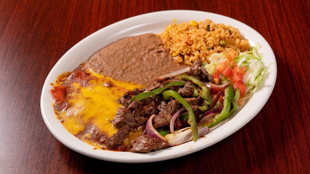 Mexico Lindo Plate · Two cheese enchiladas, covered with homemade enchilada sauce with a side of beef fajita.