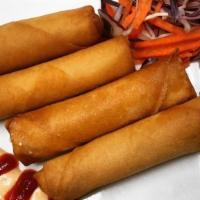 Egg Rolls (4) · Fried egg roll stuffed with ground pork, glass noodle, carrots. Served with sweet and sour s...