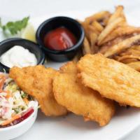 Ipa Beer Battered Fish & Chips · Three crispy fried IPA beer battered cod filets served with Napa coleslaw, hand-cut fries an...