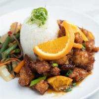 Szechaun Orange Chicken · Tempura fried chicken tossed in soy orange glaze with garlic, ginger, dried chilies, green o...