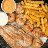 Shrimp (6 Pieces) & Side · Fried lightly golden and/or seasoned the Gossip Shack way. Choose fries, potato salad for yo...