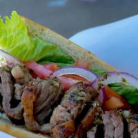 Chimichurri Steak Sandwich · NY strip, chimichurri sauce, lettuce, tomatoes, onions, black pepper mayo
