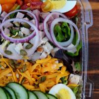 Chef Salad · Served with mixed greens, diced ham, turkey, cheddar cheese, hard-boiled egg, grape tomatoes...