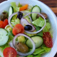 House Side Salad · Romaine, grape tomatoes, olives, red onion, cucumbers