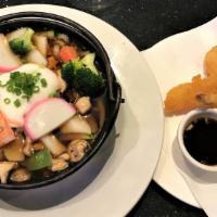 Shrimp Tempura Udon Soup · Vegetable udon soup with  3 pieces fried shrimp and mixed vegetables.