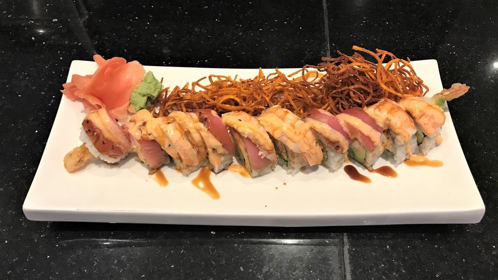 Angry Bird  · Shrimp tempura, snow crab, avocado inside, topped with fresh shrimp, pepper tuna, spicy mayo, eel sauce, and fried sweet potato on side.