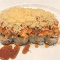 Volcano Roll (Cooked 8 Pcs ) · crab stick, cucumber, avocado inside, topped with backed crawfish or (baked snow crab) or  (...