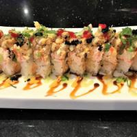 Lobster Deluxe (Cooked) · Shrimp tempura, asparagus, avocado, blue crab rolled in soy paper, topped with snow crab, gr...