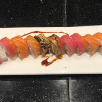 Hana Roll · Snow crab and crunchy flakes inside, topped with tuna, salmon, and eel.