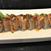 Keith Roll · Blue crab, jalapeño, cilantro, mixed with Japanese mayo and shrimp tempura inside, topped wi...