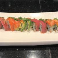 Veracruz Roll · Spicy super white tuna, jalapeño, and asparagus, topped with pepper tuna, seared salmon, and...
