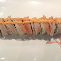 Vote Roll · Spicy tuna and avocado inside, topped with crab stick and spicy mayo.