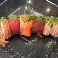 Jamie Roll · Snow crab, spicy tuna, cucumber inside, topped with pepper tuna, crab stick, cilantro, wasab...