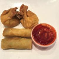 Mini App . · 2 pieces fried vegetable egg roll and 2 pieces crab meat cheese puff.