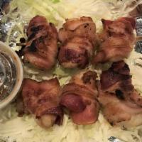 Bacon Wrap Scallop (2 Skewers) · Grilled bacon wrap scallop, 6 pcs. ponzu sauce onside