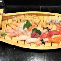 Hana Boat For 2 · 14 pieces of sushi, six pieces of sashimi, and snow crab roll (8 pcs), tempura dynamite roll...