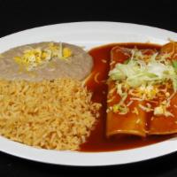 Cheese Enchiladas (2) · Served with salsa enchilada, cheese, lettuce on top, and rice and beans on the side.