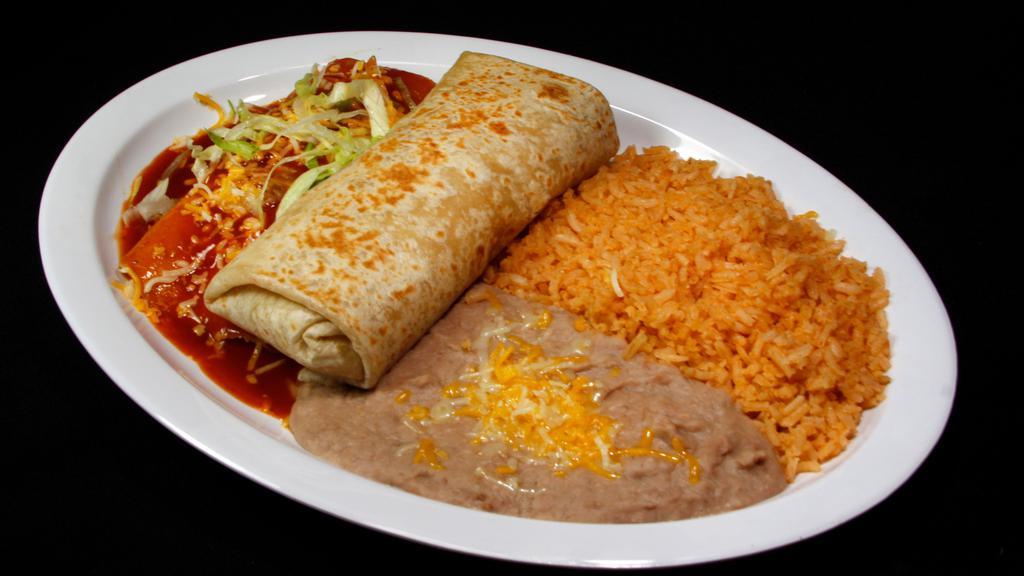 Burrito & Enchilada · One cheese enchilada with salsa enchilada, cheese and lettuce on top; rice and beans on the side, and a shredded beef burrito with bell peppers, onions, tomatoes, beans and cheese inside.