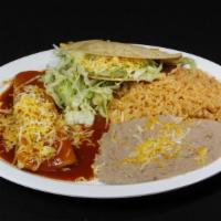 Taco & Enchilada · Served with a cheese enchilada with salsa enchilada, cheese, lettuce on top, and rice and be...