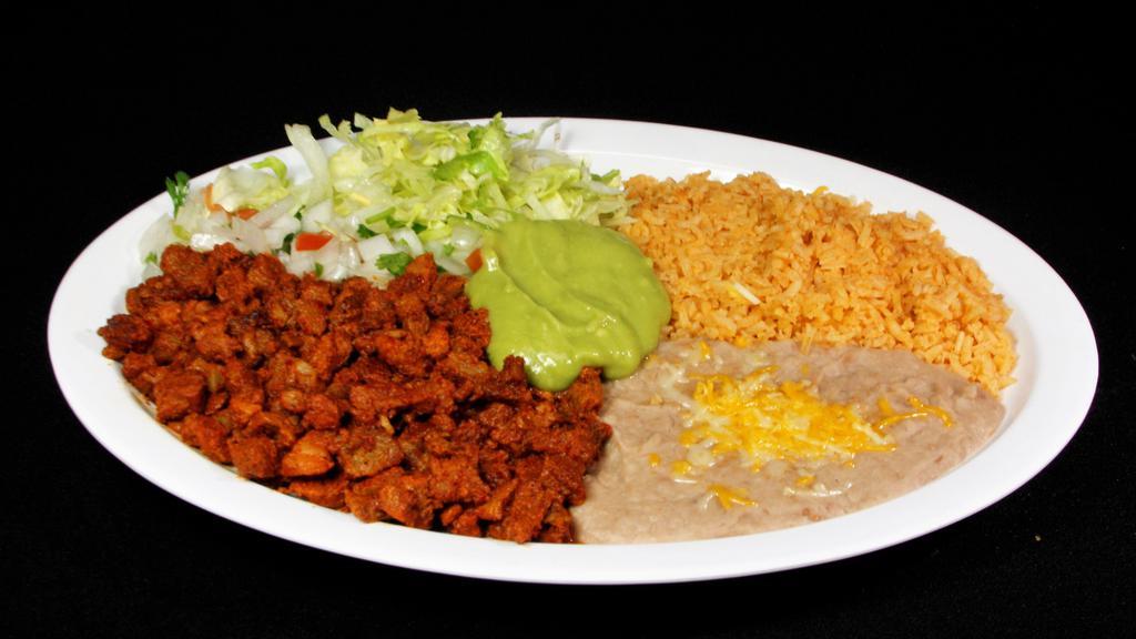 Adobada Plate · Pico de gallo, guacamole and lettuce, tortillas of your choice, corn or flour, and rice and beans on the side.