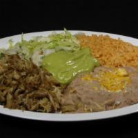 Carnitas Plate · Carnitas with guacamole, pico de gallo and lettuce, and rice and beans on the side. Your cho...